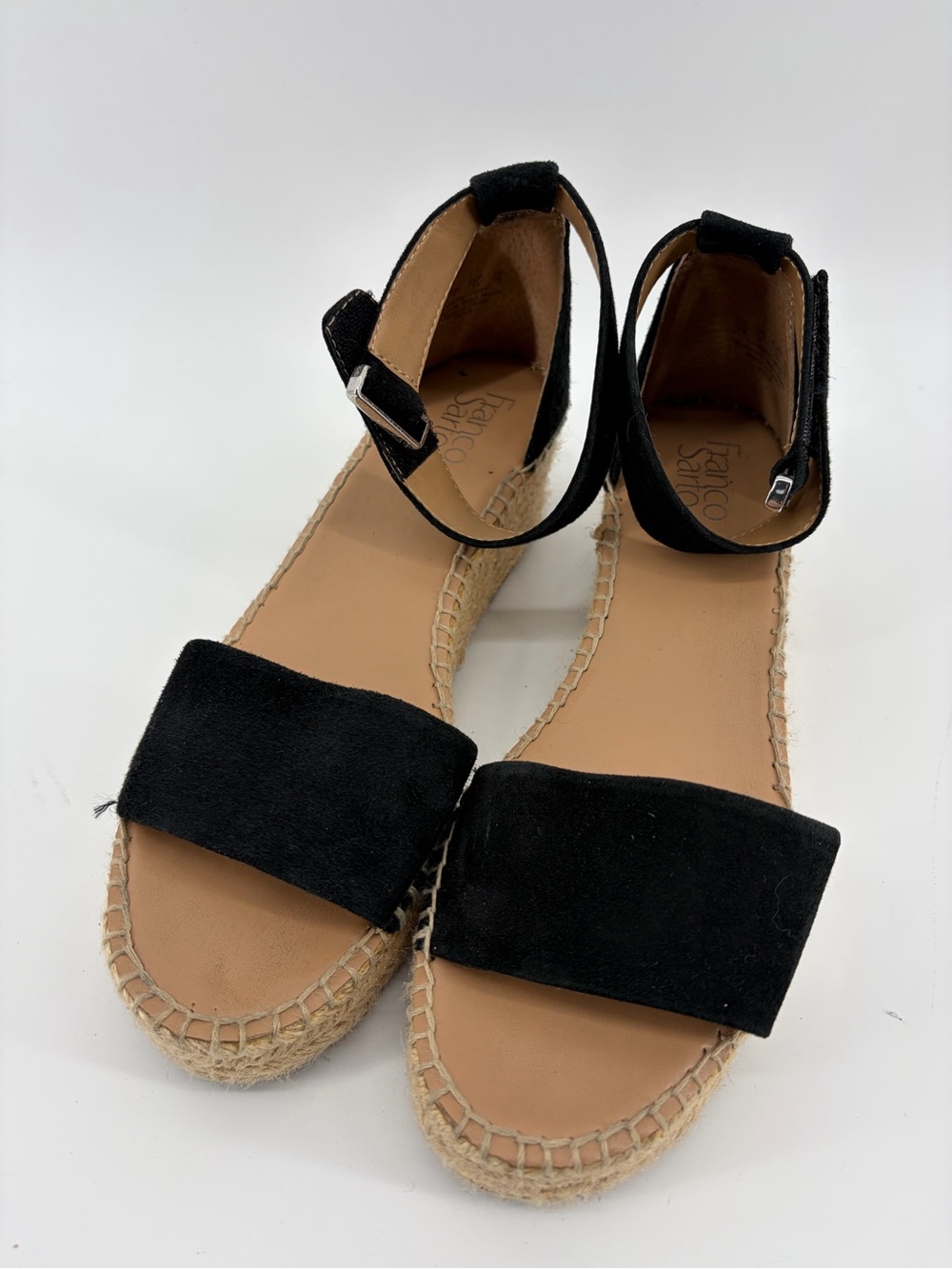 Franco Sarto Pela Platform Sandals, Black Suede, Classic Espadrille Jute Wrapped